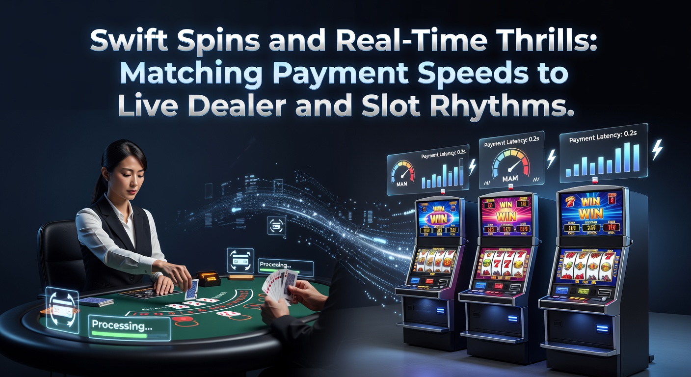 Dynamisches Bild eines rotierenden Slots mit blitzschnellen Zahlungsikonen und einem Live-Dealer-Tisch im Hintergrund, das die Verbindung von Spielrhythmus und Transaktionsgeschwindigkeit symbolisiert