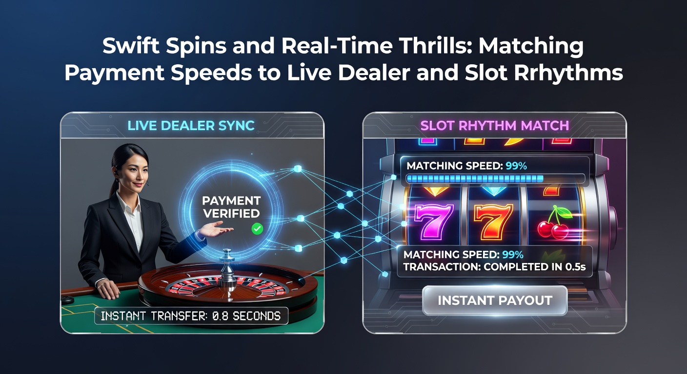 Nahaufnahme eines Live-Dealers, der eine Karte verteilt, neben einem Speedometer-Icon für Zahlungsgeschwindigkeiten und Slot-Symbolen, das den synchronen Rhythmus von Action und Transaktionen darstellt